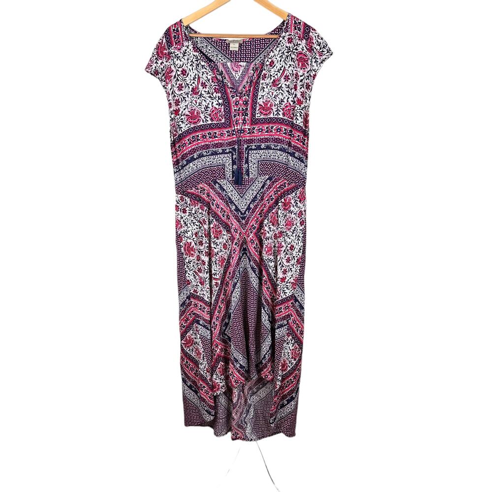 Lucky Brand Womens Pink Floral Midi Dress Size XL V-neck Tassel Summer Bohemian